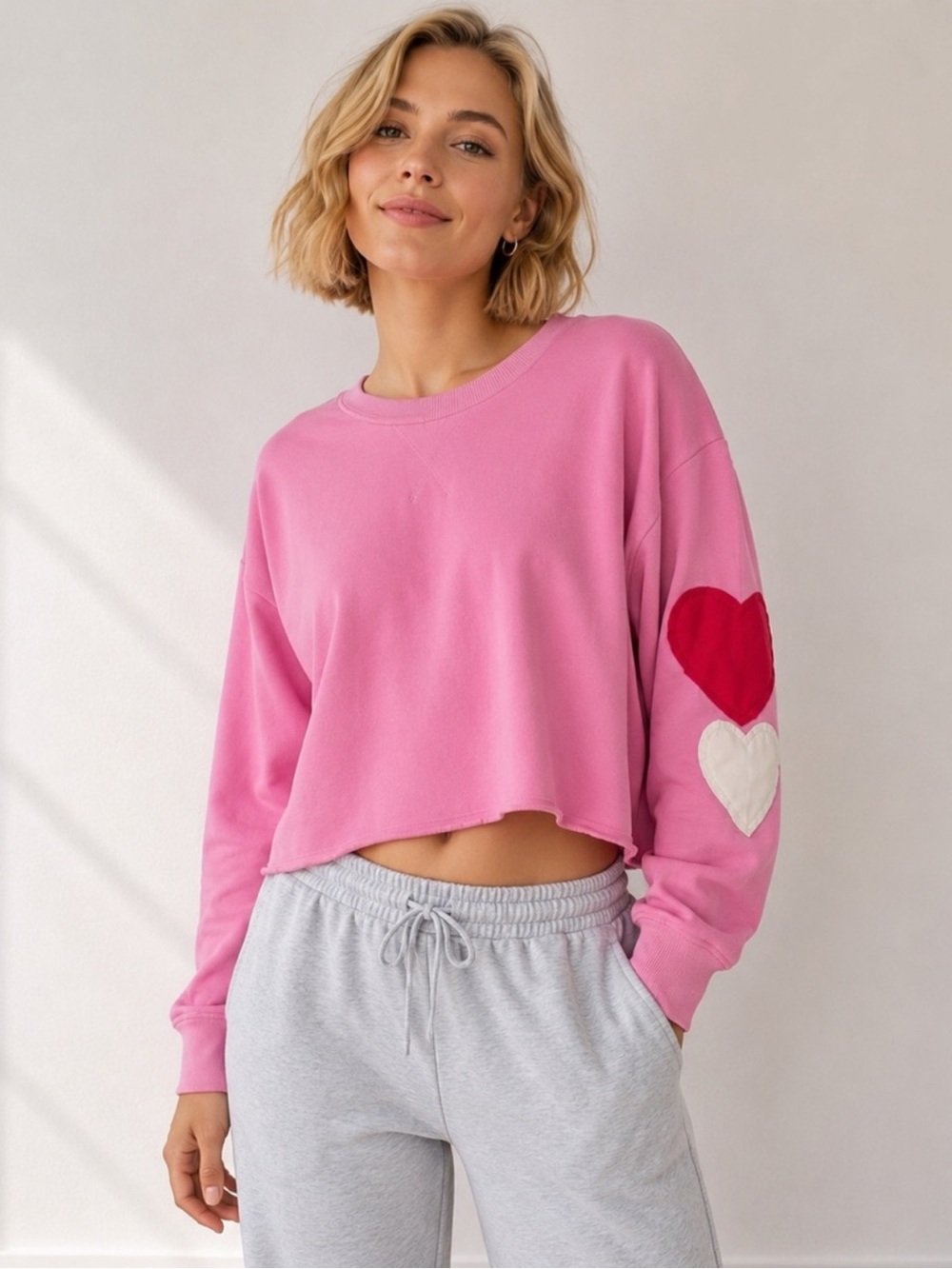 JoyLab Pink Cropped Crewneck Long Sleeve Top Heart Patch Sweater NWT Medium - Picture 1 of 5